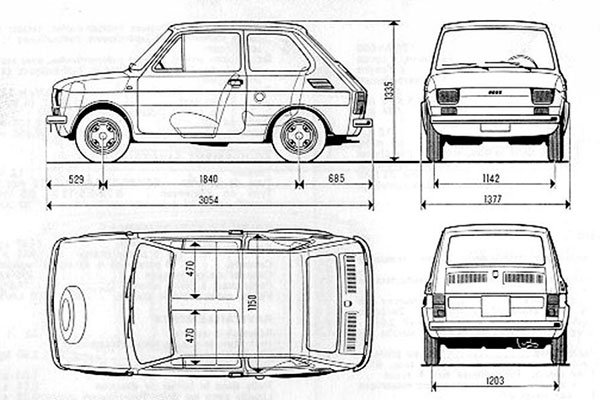 <strong>Dimensions Fiat 126</strong><small>© FIAT 500 et dérivés CLUB DE FRANCE</small>